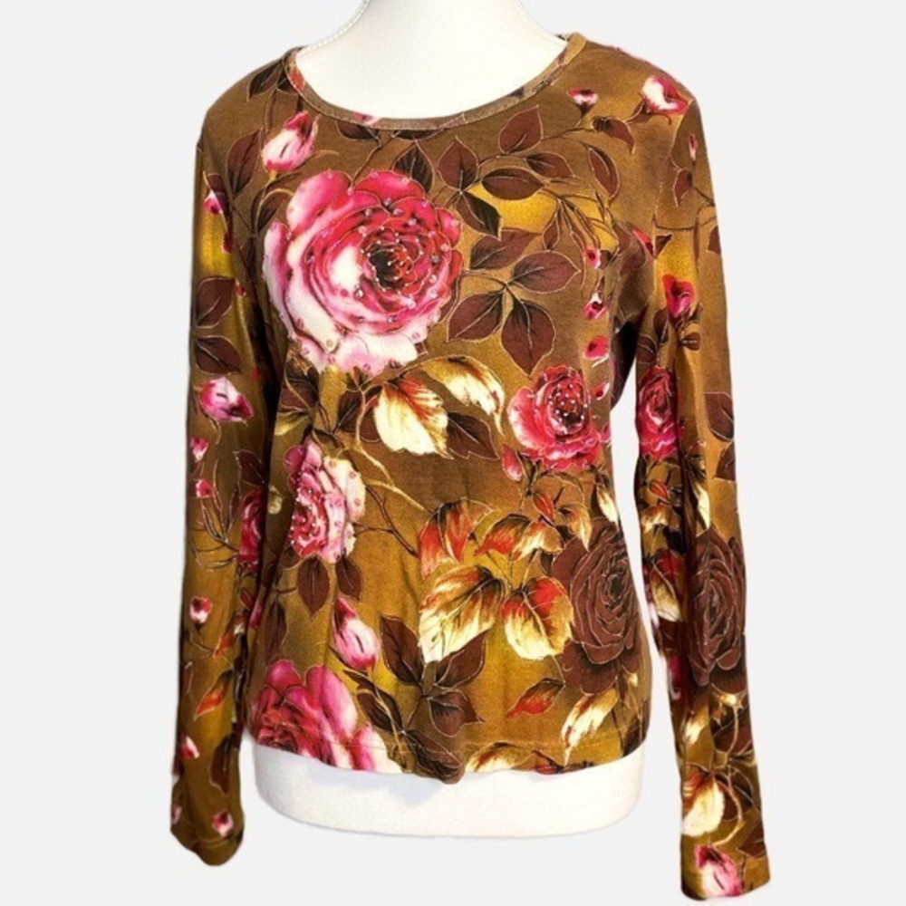 White Stag Embellished Rose Pattern Brown Top
